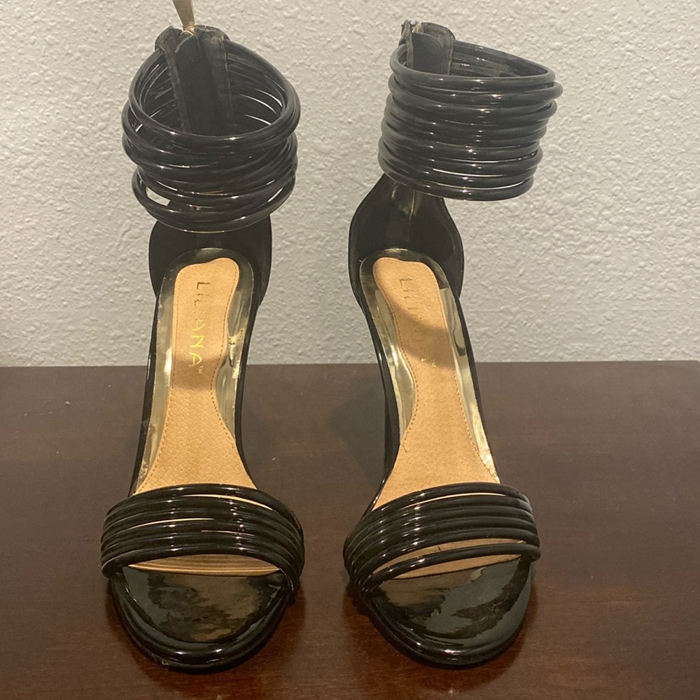 Patent leather ankle strap heels